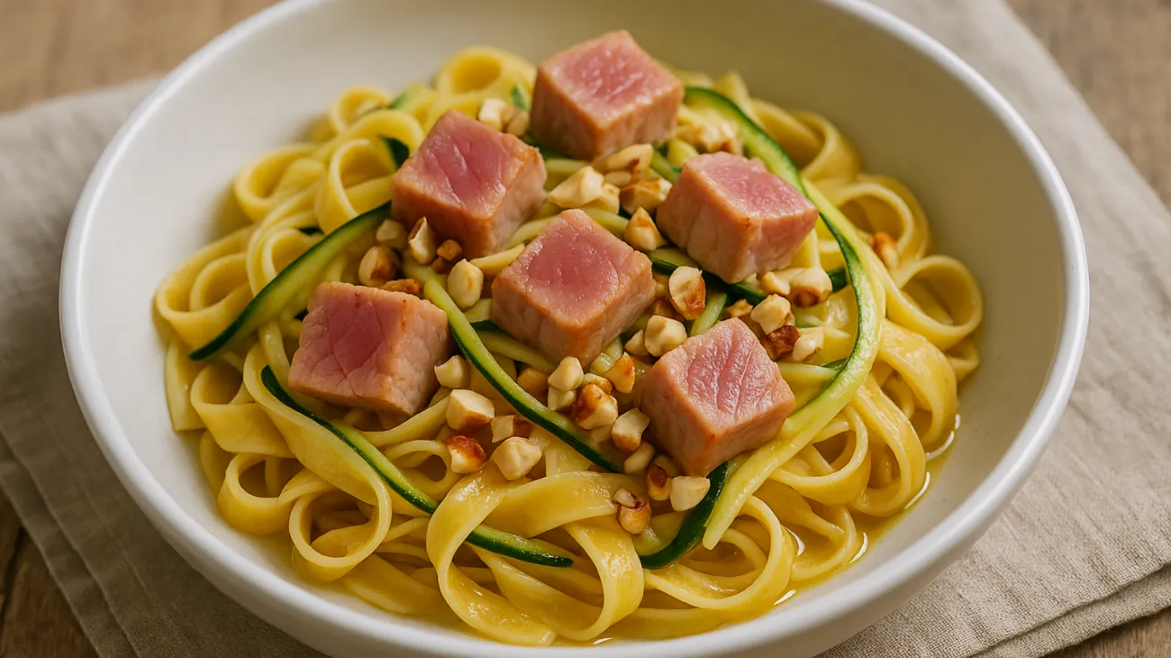 tagliatelle al tonno fresco nocciole zucchine croccanti"