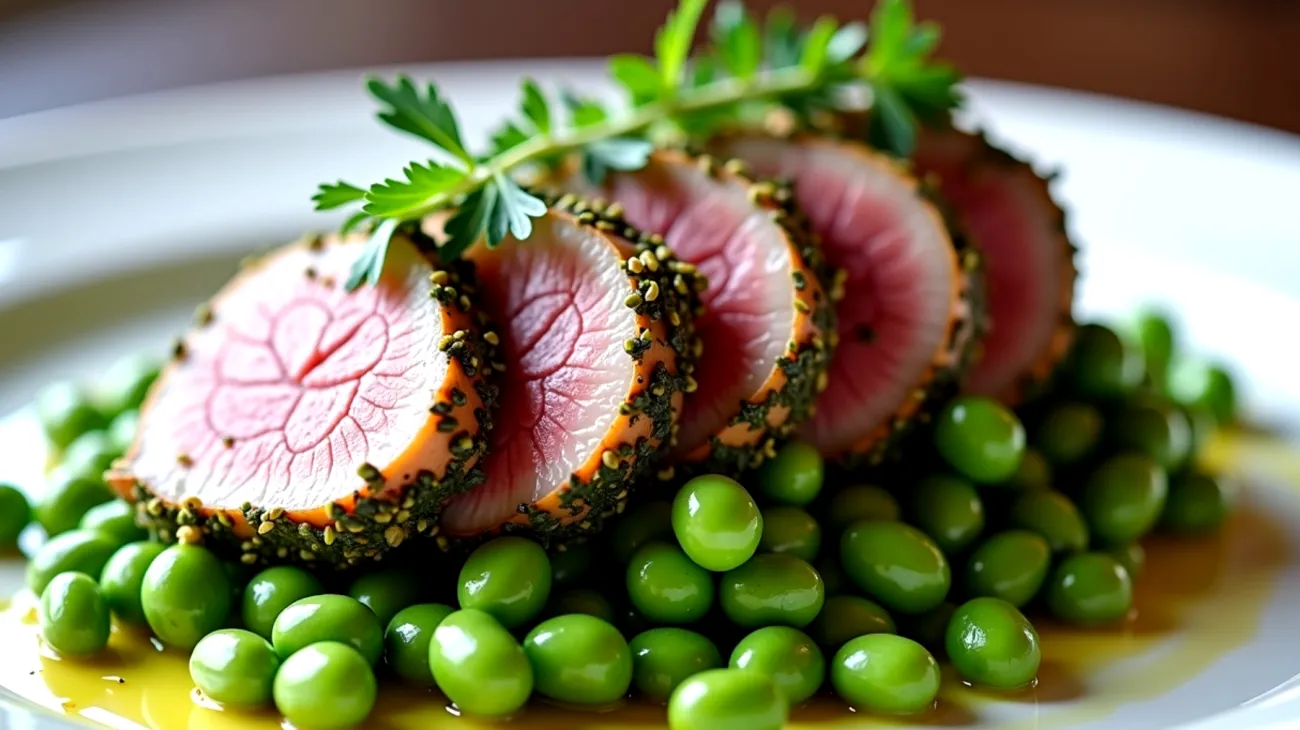 tonno fresco erbe mediterranee cipollotti e fave fresche"