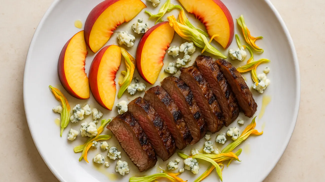 tagliata alle pesche pecorino erborinato fiori di zucchina"